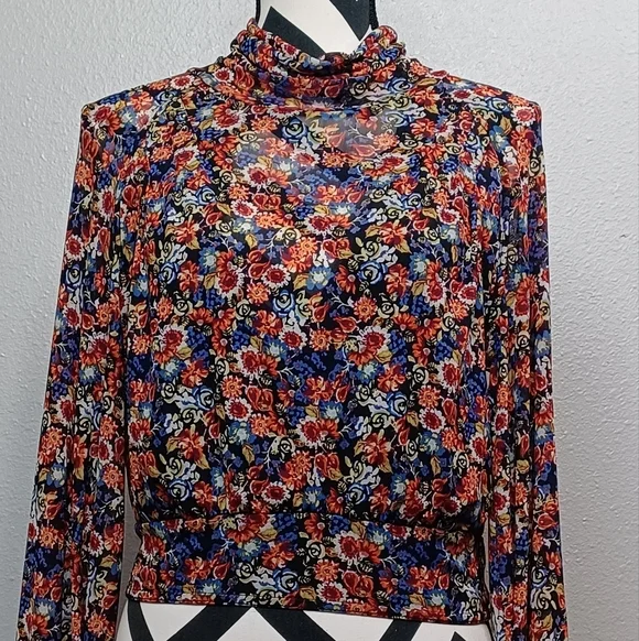 Free People All Dolled Up Sz S Boho Whimsigoth Dark Floral Mesh Blouse - Picture 4 of 14